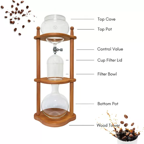Cold Brew coffee Maker Ice Coffee Drip Machine with Advanced Slow Drip Technology Borosilicate Glass with Wood Tower, 6-8 Cup, Brown - 图片 3